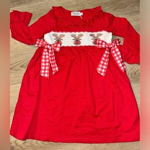 Red Reindeer Dress with Gingham Bows